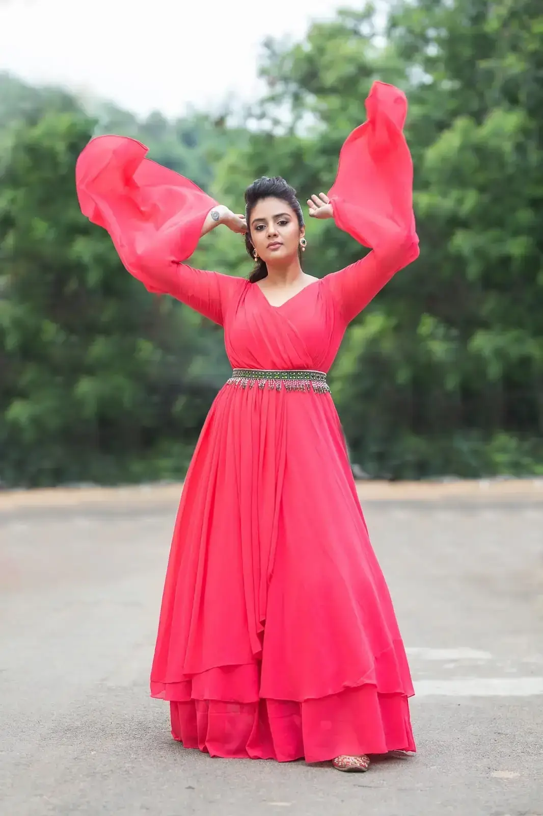 South Indian Television Actress Sreemukhi in Long Red Gown